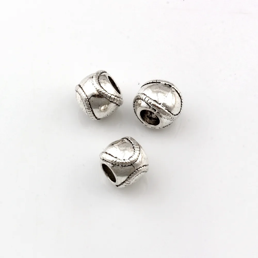 100 pezzi argento antico in lega di zinco distanziatori da baseball sportivi perline con foro grande per gioielli che fanno collana braccialetto accessori fai-da-te F-1