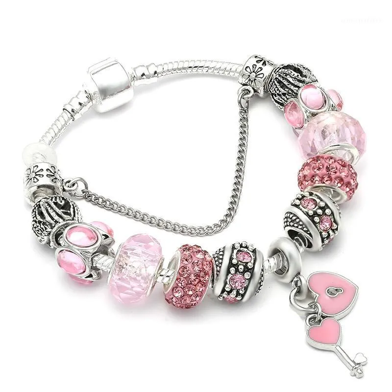 Charm armband europeisk stil mode hjärtnyckel armband rosa kristallglaspärlor märke armband för kvinnor smycken gåva1
