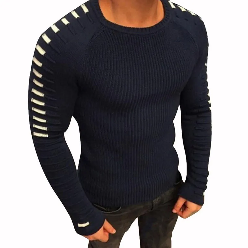 Fashion- Oeak Hommes Automne Hiver Slim Pull Casual Patchwork Pull À Manches Longues O-Cou Solide Chandails Tricotés Hommes Vêtements