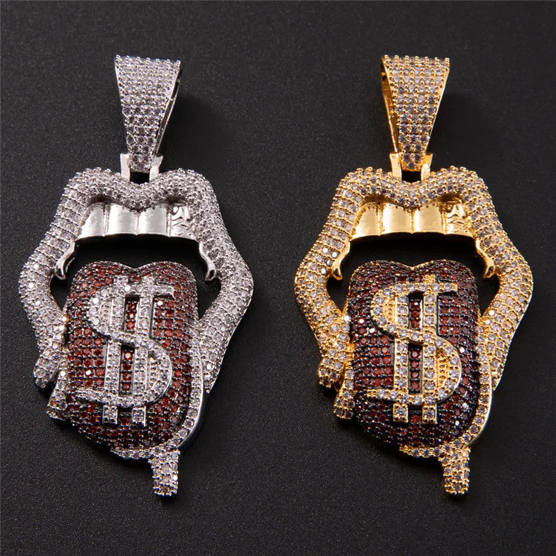 Hip Hop Claw Seting CZ Stone Bling isade ut dollar Mun Tongue Pendants Halsband för män Rapper smycken släpp 249V