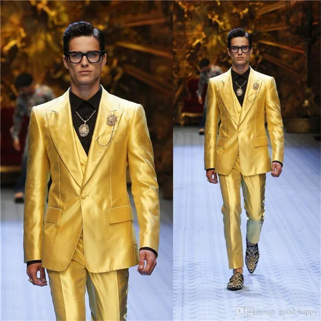 Горячий продавать Groomsmen Пик нагрудные Groom Tuxedos желтый Мужские костюмы Свадебные / Пром / Dinner Best Man Blazer (куртка + штаны + Tie + Vest) K749