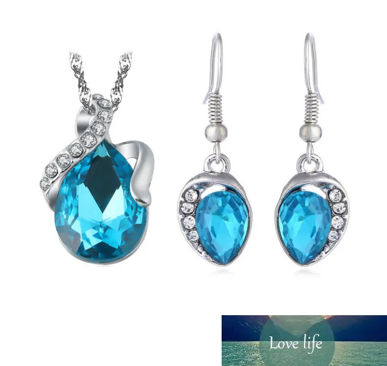 Tz0006 halsband hängsmycke örhängen jewlery set för kvinnor gåva fahion kristall silver blå rosa