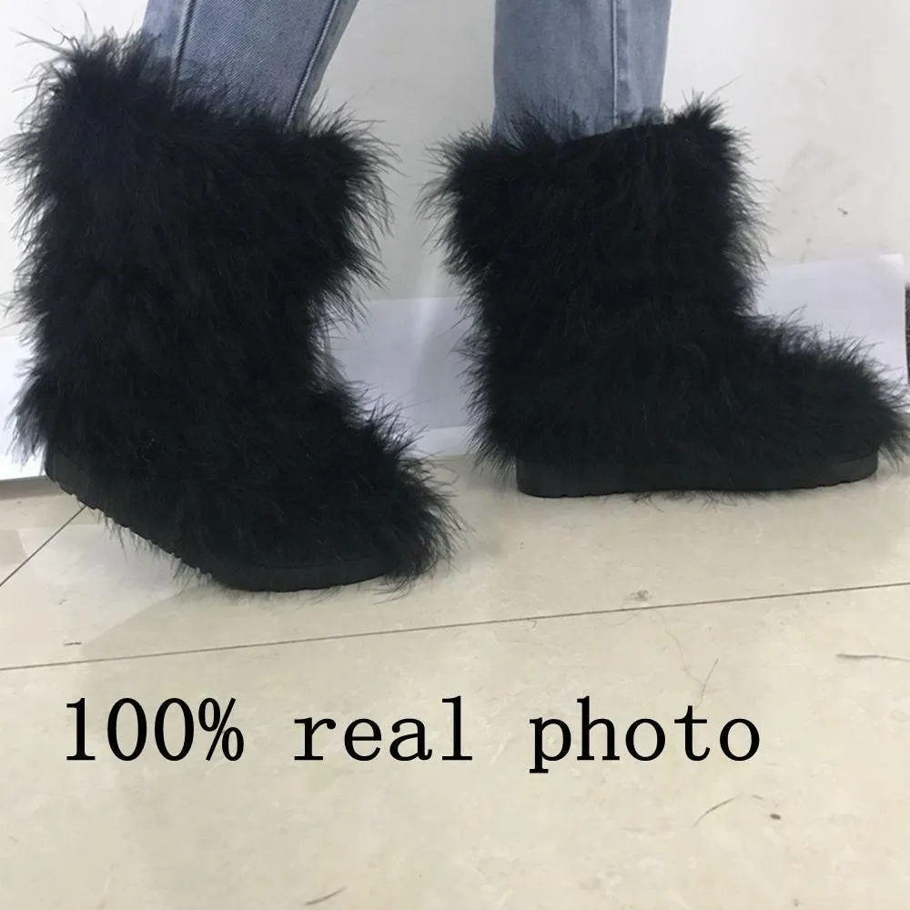 ASILETO Winter Boots Women Real Hairy Ostrich Feather Furry Fur Flats Plush Ski Outdoor Eskimo Boots Fluffy Shoes Bootie T553 201029 From Lu09 24.04 DHgate.Com