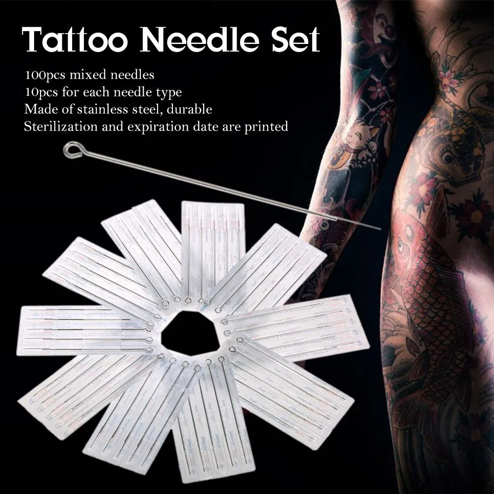 100pcs Mixed Tattoo Needle Set 3RL 5RL 7RL 9RL 5M1 7M1 9M1 5RS 7RS 9RS Stainless Steel Round Liner Professional Permanent Tattoo Tool Kit