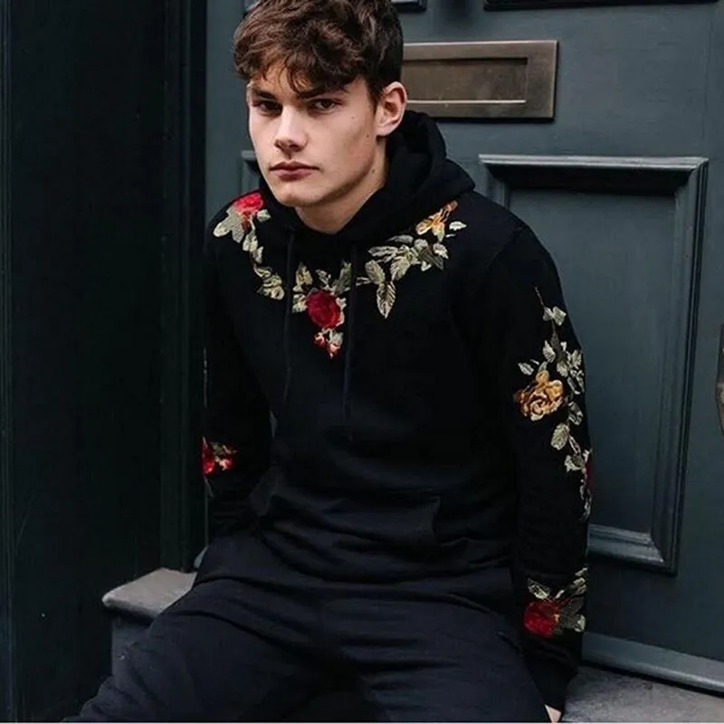 Sweat-shirt à capuche avec broderie de fleurs pour homme, pull à capuche, qualité 2xl, survêtement pour garçon, mode décontractée