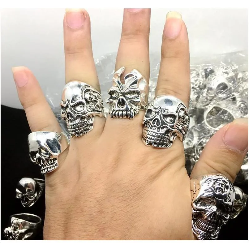 Whole 50pcs lot Gothic Big Skull Ring Bohemian Punk Vintage Antique Silver Mix Style Mens Fashion Jewelry S wmtYJZ luckyhat319A