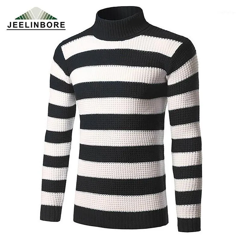 Heren Sweaters Winter Dikke Warm Gestreepte Pullover Sweater Mannen Turtleneck Mens Slim Fit Knitwear Double Collar1