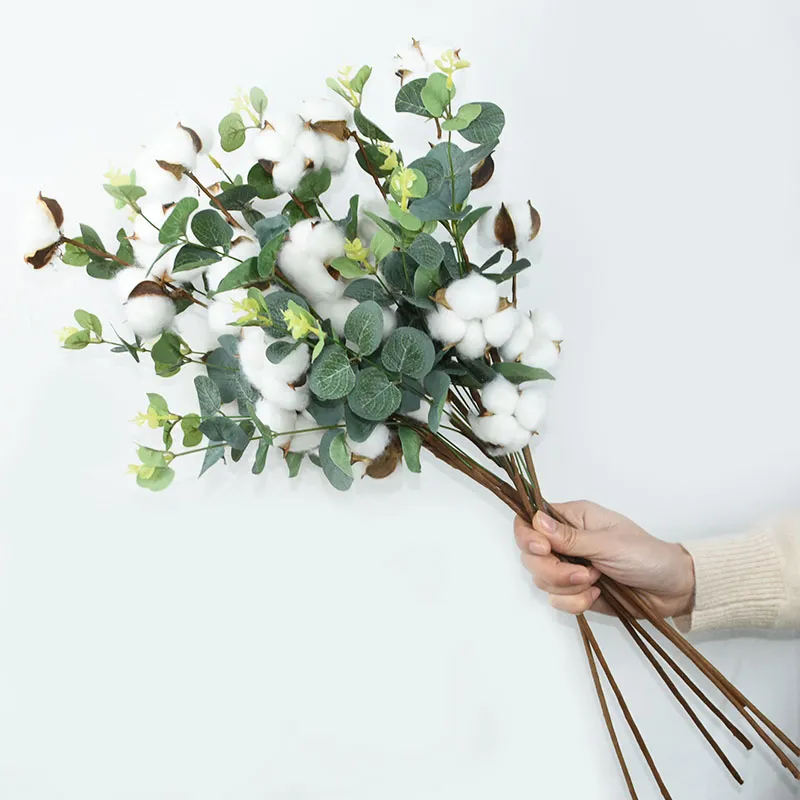 Artificial Cotton Flower Stems Decor with Eucalyptus Leaves 4 Heads Natural Wedding Home DIY Craft Scrapbook