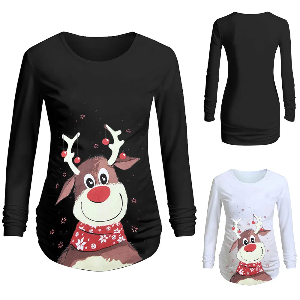 Christmas Maternity Tops 2020 Winter Lange Mouw Moederschap Kleding T-shirts Cartoon Elanden Print Zwangerschap Kleding voor Zwangere D30 LJ201123