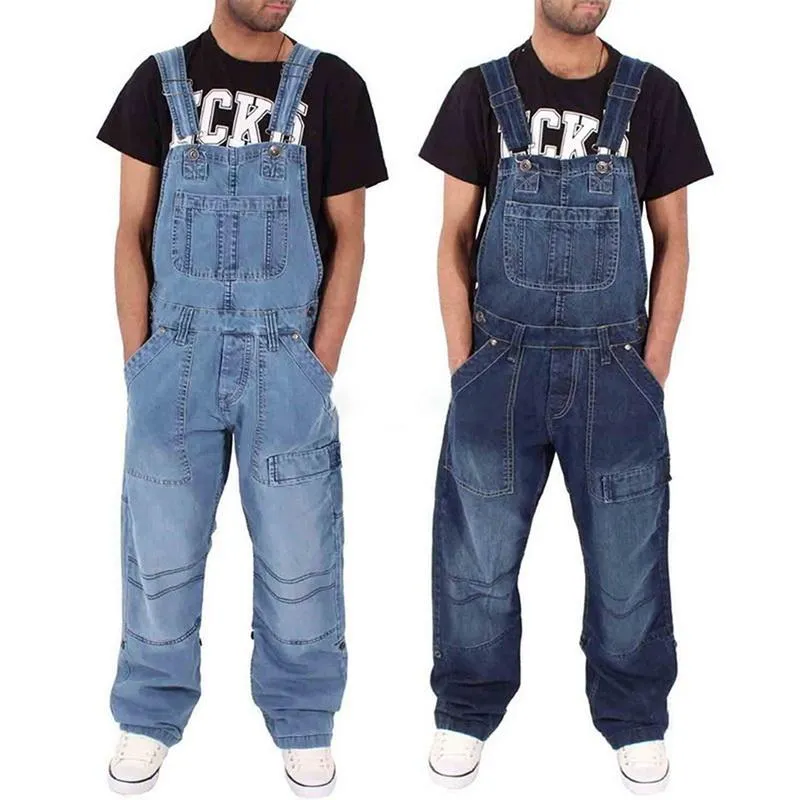 Herrenjeans 2021 Männer Einteilige Hosenträgerhose in voller Länge Lässige lose weite Beine Slim Pocket Overalls Denim-Overalls zerrissene Baggy