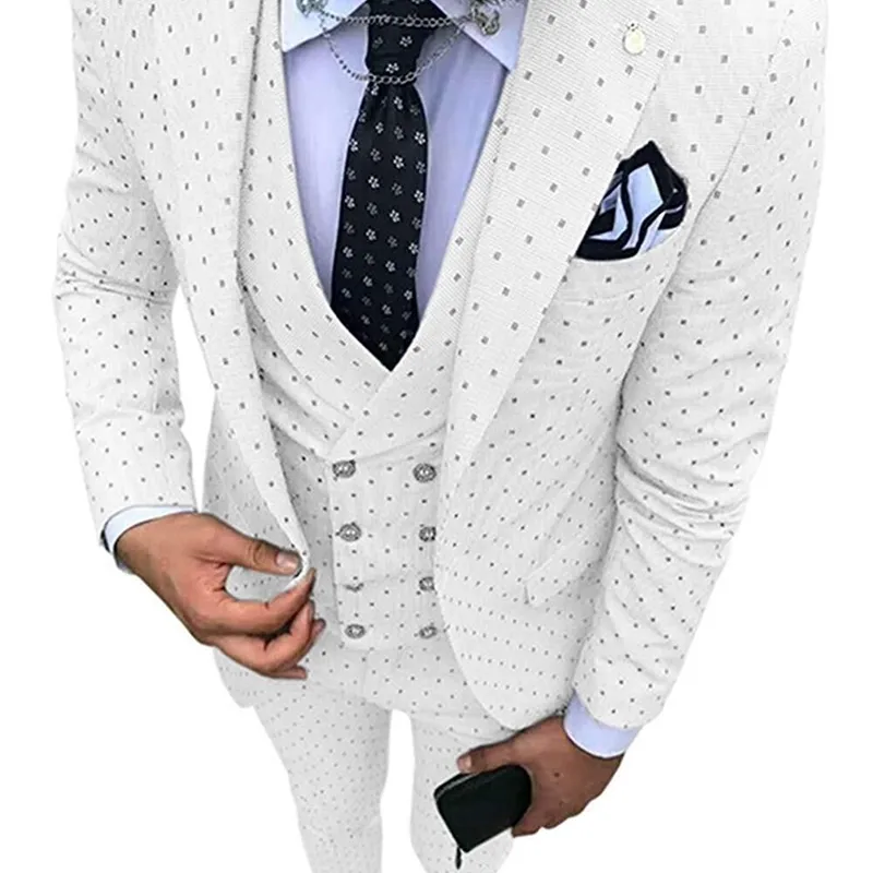 White Mens Suit 3 Piece Stylish Wave Point Notched Lapel Tuxedos Groomsmen Men Suits for Wedding(Jacket+Vest+Pants) 201105