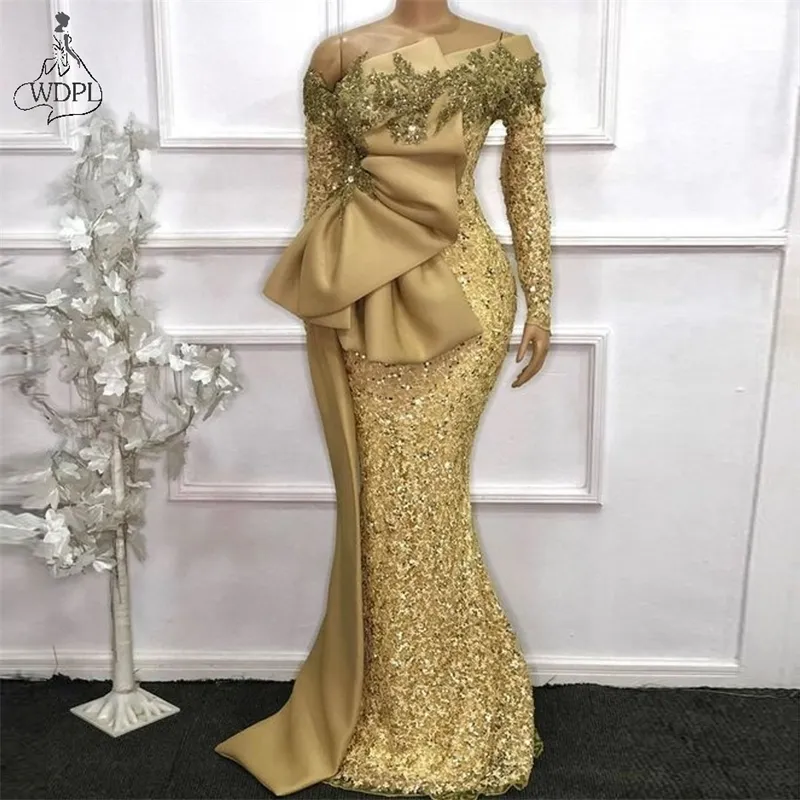 Elegant African Long Sleeves Lace Mermaid Evening Dresses 2021 Aso Ebi Long Sleeves Gold Beaded Prom Gowns Robe De Soiree LJ201119