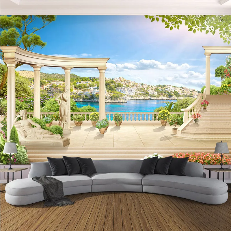 Aangepaste 3d muurschildering behang Europese stijl rome kolom tuin meer natuur landschap foto muur muurschildering woonkamer 3D achtergrond muren
