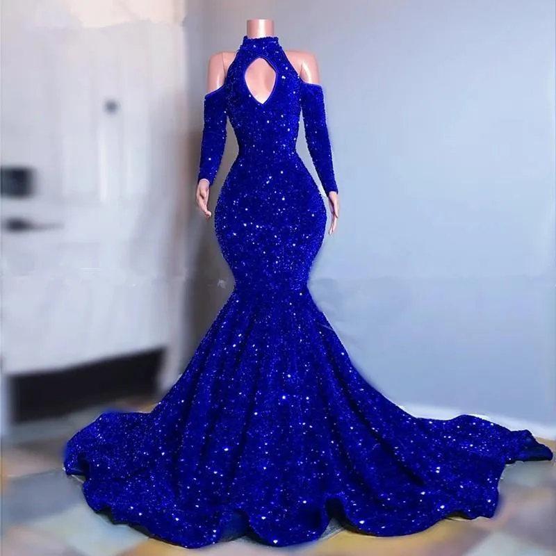 플러스 사이즈 로얄 블루 스파클리 스팽글 댄스 파티 드레스 긴 소매 인어 이브닝 가운 2021 우아한 오프 숄더 여성 공식 드레스