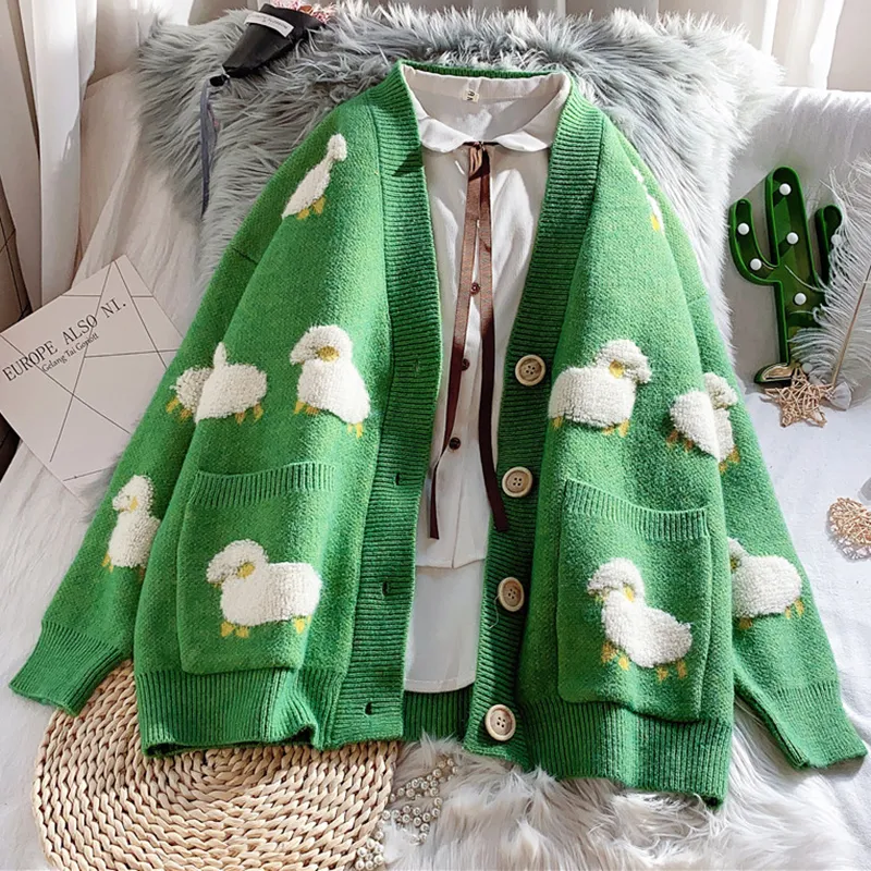 Cute Cartoon Print V Neck Knitted Kawaii Cardigan For Women Loose Fit Streetwear Sweater Coat For Autumn 201007 From Huafei02 19.26 DHgate.Com