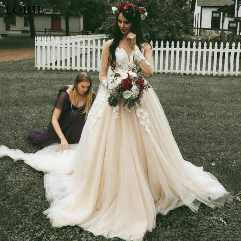 2020 Sheer Long Sleeve Wedding Dresses Sweep Train 3d lace Appliques Illusion Garden Country Bridal Gowns vestidos de novia Plus Size