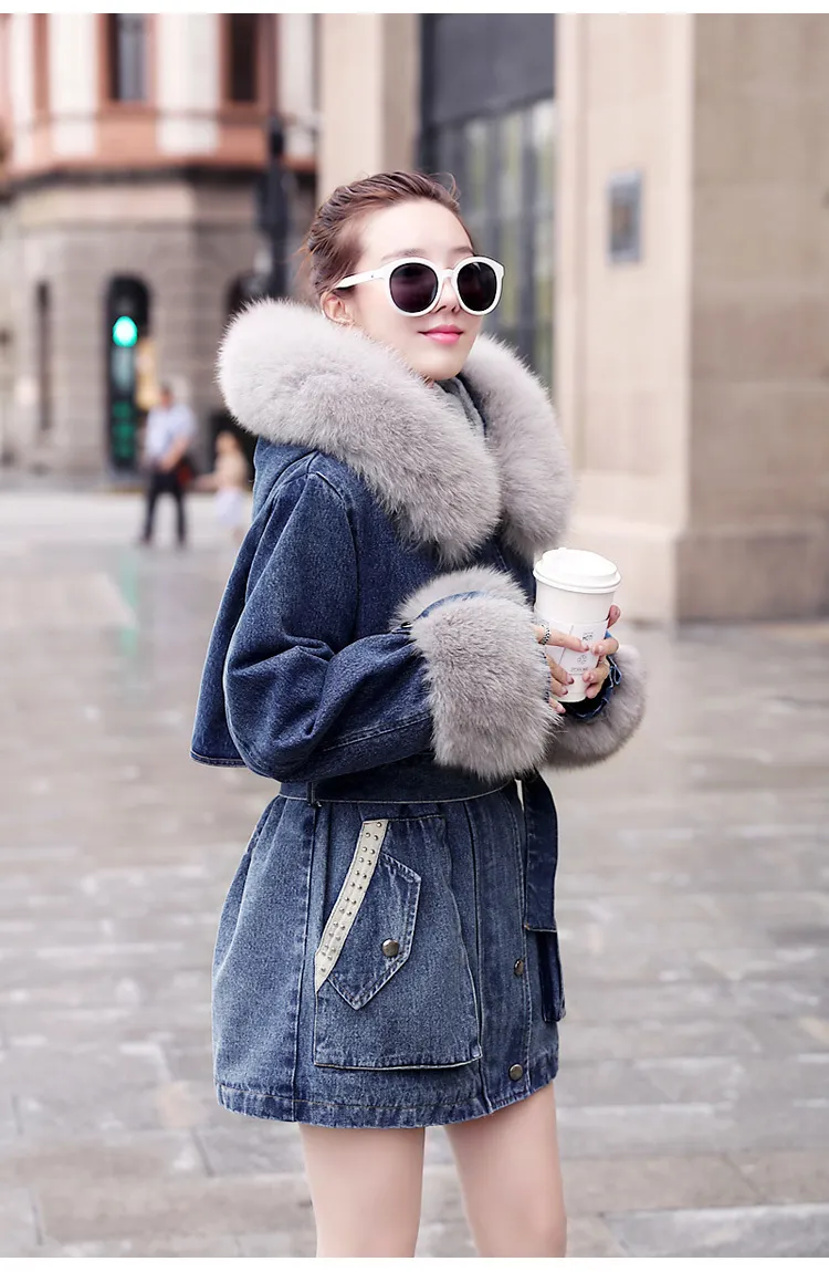 thumbnail image 2 of Women’s Fleece-Lined Denim Bomber Jacket – Hooded, Thick Winter Coat – Vintage Blue, Asian Sizing 2 of 4
