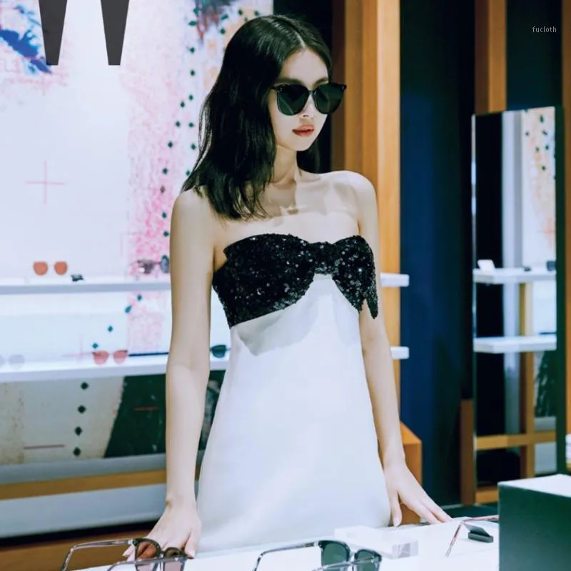 Vestidos casuales kpop coreano celebridad mismas damas arco-nudo lentejuelas temperamento blanco vestido mujer verano noche Vestidos casuales kpop coreano celebridad mismas damas arco-nudo lentejuelas temperamento blanco vestido mujer verano noche