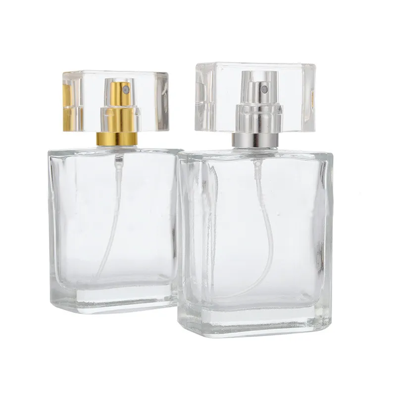 Bouteille en verre de parfum carrée 30ml 50ml, flacon de parfum vide transparent avec capuchon en or et argent