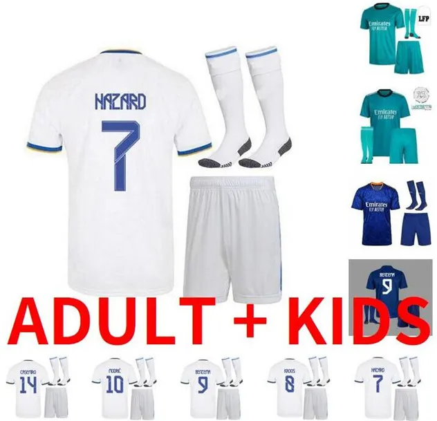 Взрослый Kids Kit 20 21 22 Alaba Vini Jr Soccer Soccer Jersey Home Oled Modric Hazard Marcelo Asensio Bale CamiSeta 2021 2022 Valverde Camavinga Mendy футбол