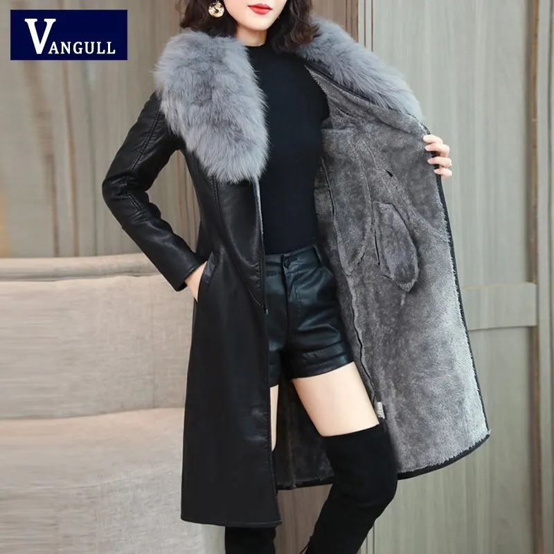 Vangull Damen Lederjacke für den Winter 2019 Neu Plus Samt Warm Schlank Großer Pelzkragen Langer Ledermantel Weibliche Oberbekleidung M-4XL 201124