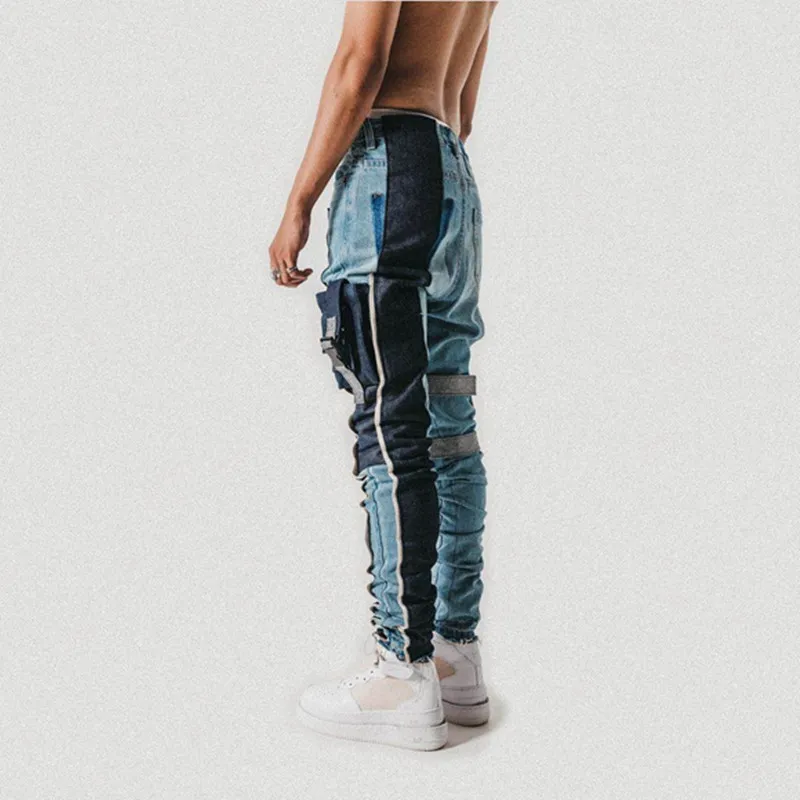 Strapped Pocket Distressed Jeans Slim Tapered Biker Jeans Hip Hop Streetwear Non-stretch Cotton 201111243m