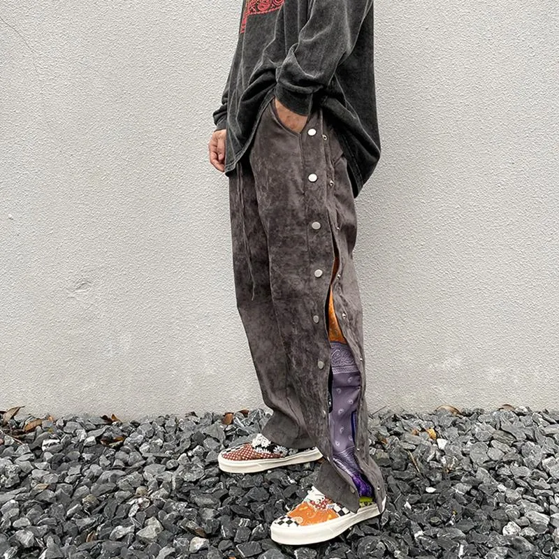 High Street Side Button Cashew Print Suede Baggy Pants Mens Drawstring Straight Loose Casual Pants Hip Hop Oversize Trousers