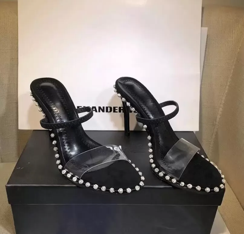 Designer Sandal Women Top Agrade Rhinestone Real Leather Studded Sling Back Sandaler Sandaler Nova High Heels Storlek 34 till 40