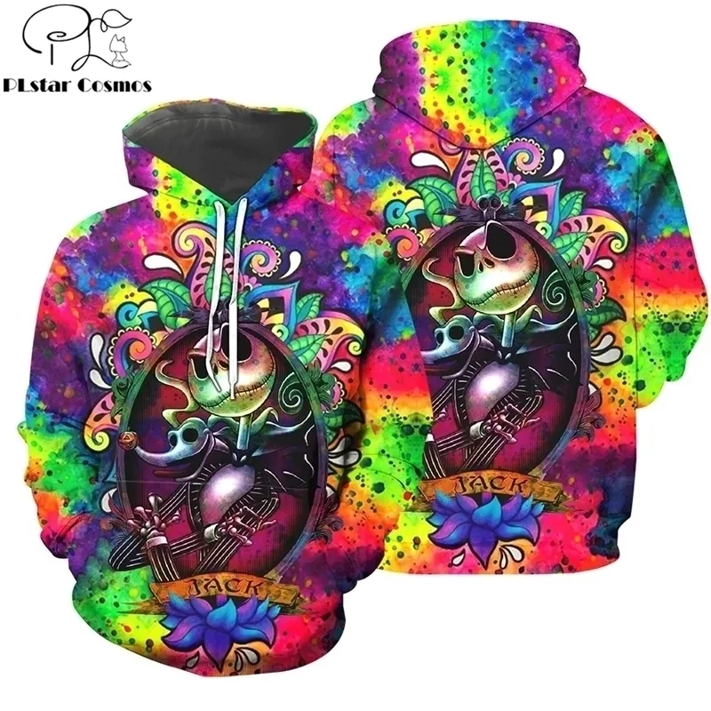 Halloween Fashion Psychedelic Men Hoodies Tie-dye Jack Skellington 3D Printed Hoodie/Zip Hoodie Unisex streetwear 201020