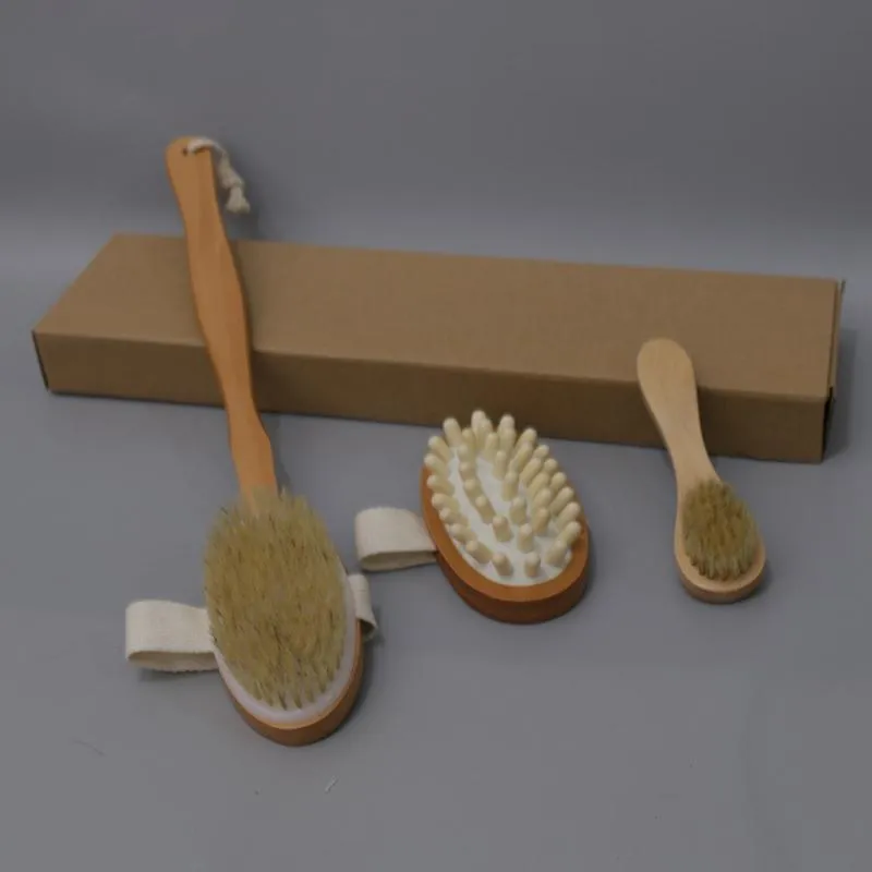 3 pz/set Set di spazzole da bagno Pelle secca Corpo Spazzola di setole naturali morbide Spazzole da bagno in legno Spazzole per il corpo SPA con manico rimovibile