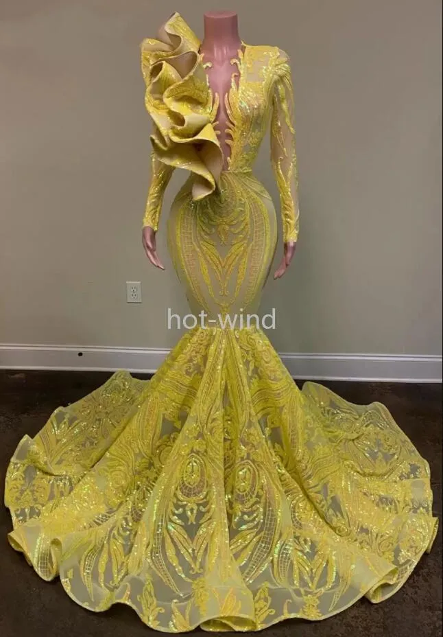 2022 Lentejuelas de encaje amarillo Sirena Vestidos de fiesta de graduación Cuello transparente Manga larga Tallas grandes Vestidos para ocasiones formales de noche Vestidos De Novia EE