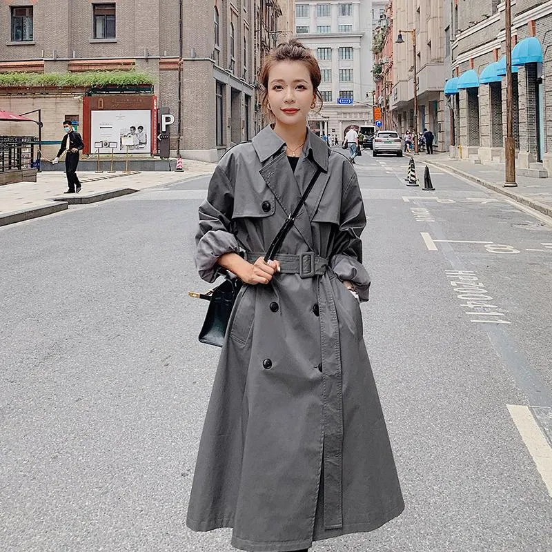 Women's Trench Coats Marca Khaki Cinza Longo Casaco Duplo-Breasted para Mulheres Espanador Solto Oversize Outerwear Lady Spring Outono Roupas