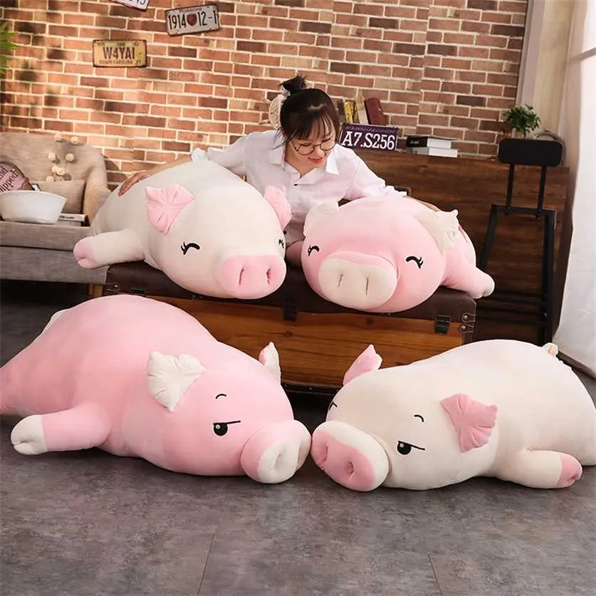 40-110cm Squishy Pig Stuffed Doll Lying Plush Piggy Toy White/Pink Animals Soft Plushie Hand Warmer Blanket Kids Comforting Gift