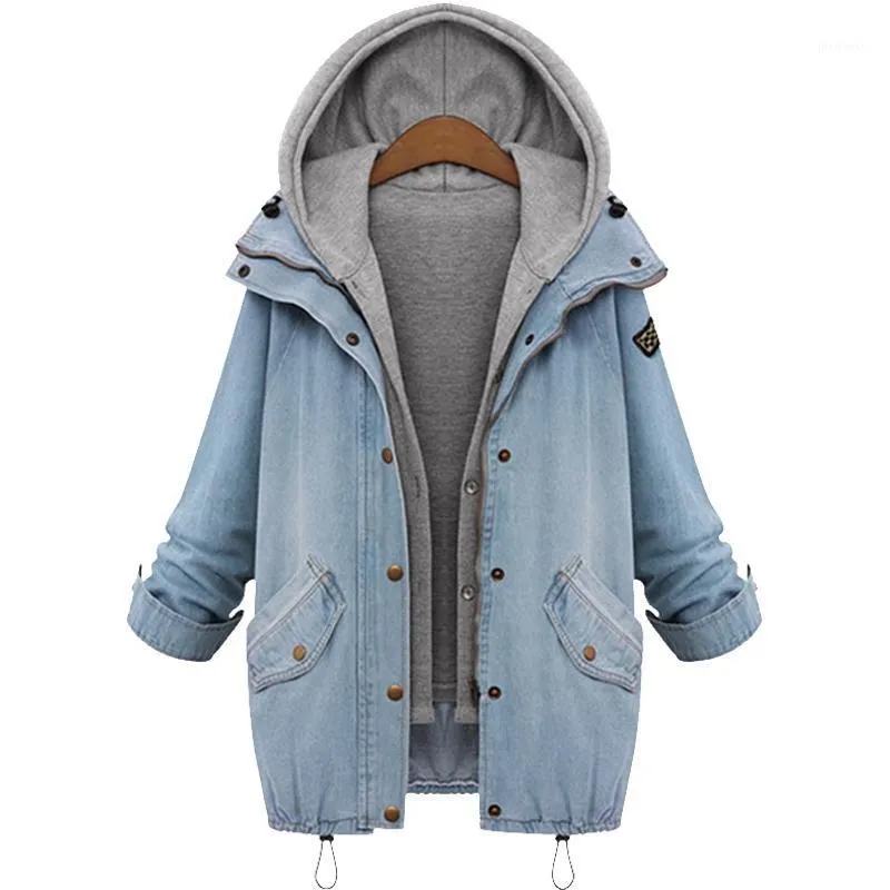 Kvinnors Jackor Partihandel - 2021 Kvinnor Casual Strikkad Jeans Jacka Två Piece Set Denim Hooded Oversized Coat Outwear Plus Size1