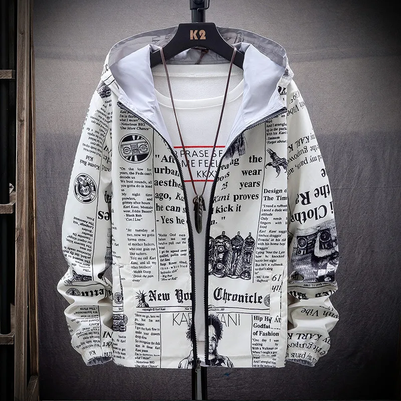 Économisez gros sur les achats en gros de 2020 New Strewear Sur Les Deux  Côtés Journal Imprimé Mode Veste Hommes Mince Vestes À Capuche Coupe Vent 