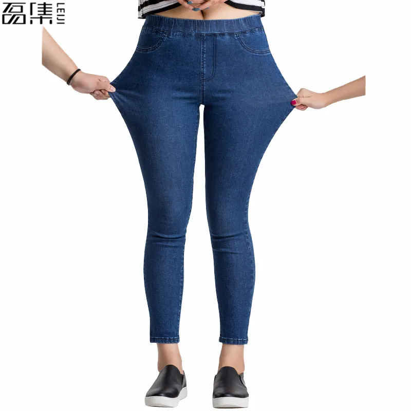 Kvinnor Jeans Plus Storlek Casual High Waist Sommar Höstbyxa Slim Stretch Cotton Denim Byxor för Kvinna Blå Svart 4XL 5XL 6XL T200103