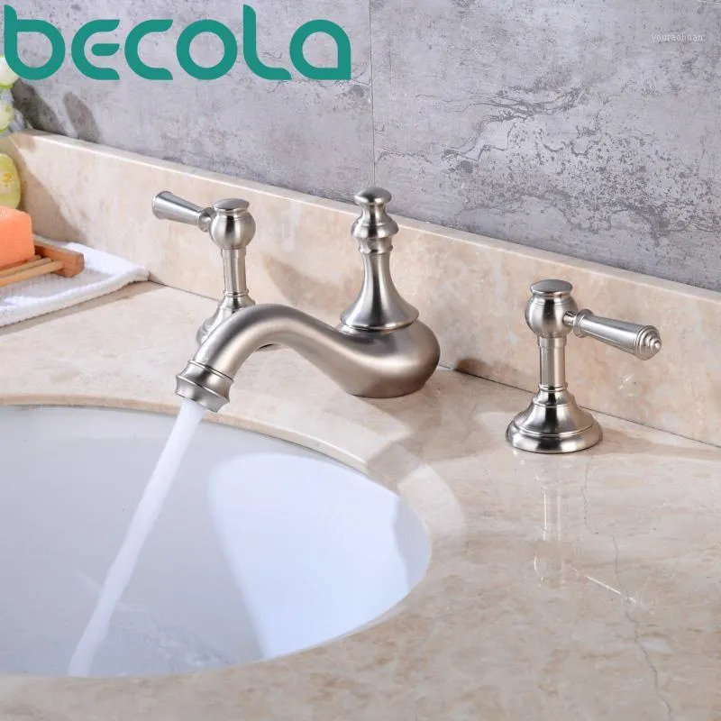 Rubinetti per lavandino del bagno Becola Design Rubinetto per lavabo in nichel spazzolato Doppia maniglia Set da 3 pezzi Rubinetto e miscelatore acqua freddaB-618L1