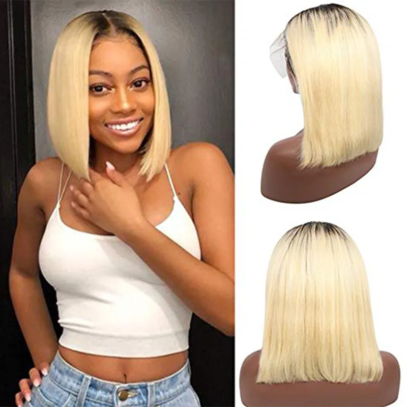 Ombre Blonde Human Włosów Peruki 13x1x4 Koronki Frontal Bob Średniej części 180% Gęstość Glueless Jedwabe Prosty Dla Kobiet Brazylijski Włosy