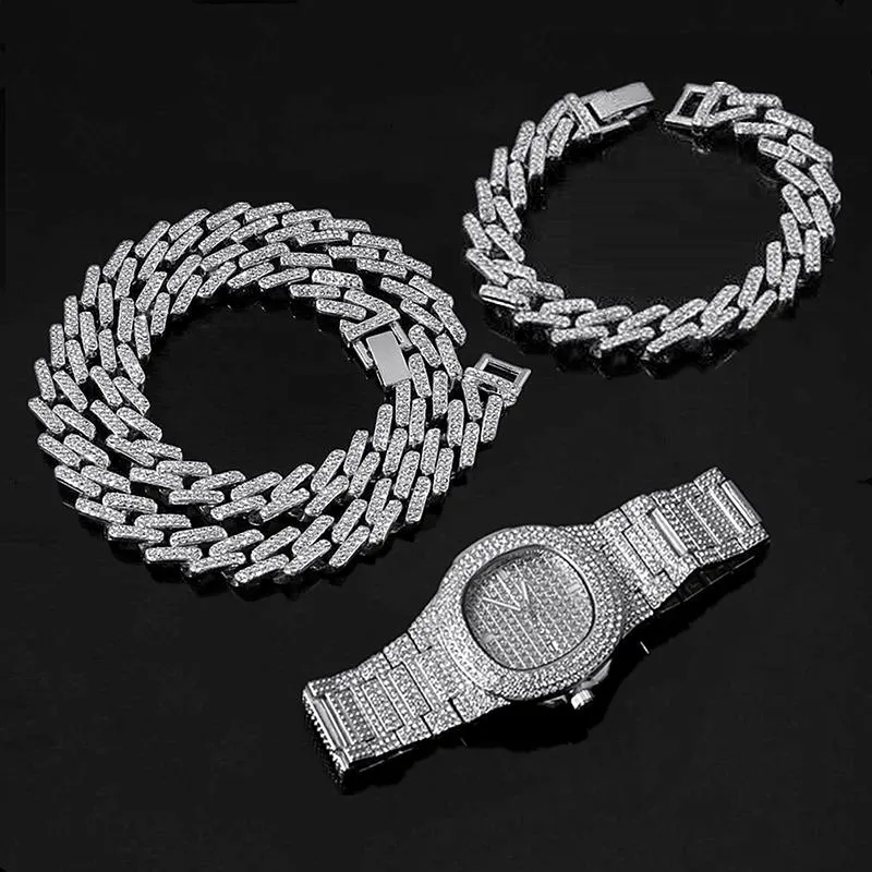 Łańcuchy Hip Hop Miami Curb kubański łańcuszek Choker złoty Sliver Iced Out betonowa Rhinestone Bling raper dla mężczyzn modny zegarek naszyjnik bransoletka