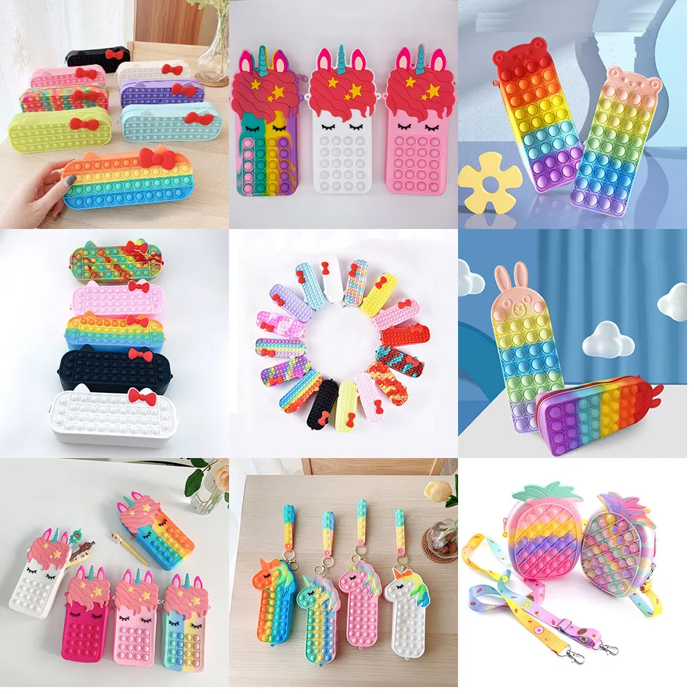 Blase Dekompression Spielzeug Silikon Regenbogen Finger Drücken Niedlichen Cartoon Regenbogen Bowknot Einhorn Puzzle Schreibwaren Lagerung