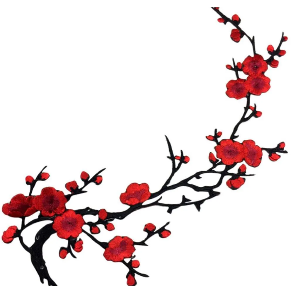 Plum Blossom Flower Fabric Applique Wintersweet Clothing Embroidery Patch Fabric Sticker Iron On Sew Craft Sewing Repair 09Otm