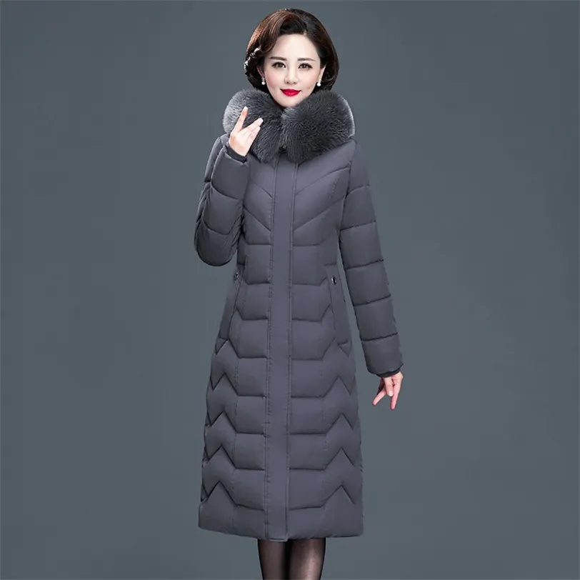 X-Long Warm Women Coats Slim Office Ladies Solid Women's Winter Down Jacket Fur Collarでフード付き厚いパッド入りパーカー211223