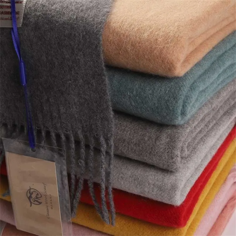 Bufandas de lana de 100% lisas de color liso con borlas para mujer, manta gruesa y cálida de invierno, chal de lujo de alta calidad, abrigo 211231