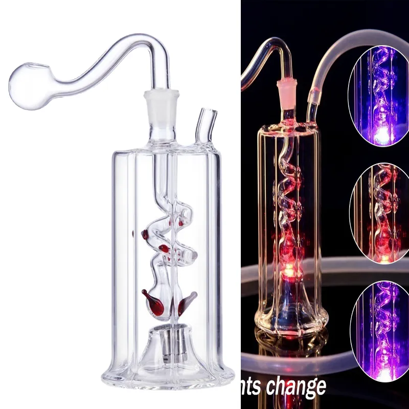 6.1 inch LED Color Change Hookahs Dab Oil Rig Handcraft Glass smoking Pipe Lights Bongs Hookah Tobacco Ash Bowl Portable Shisha Oil Percolater Bubbler Water Pipes