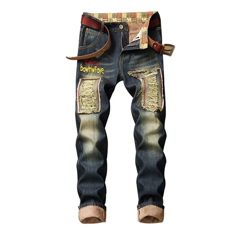 Denim Designer Loch Jeans Hohe Qualität Zerrissene für Männer Größe 28-38 40 Herbst Winter Plus Samt HIP HOP Punk Streetwear 201106