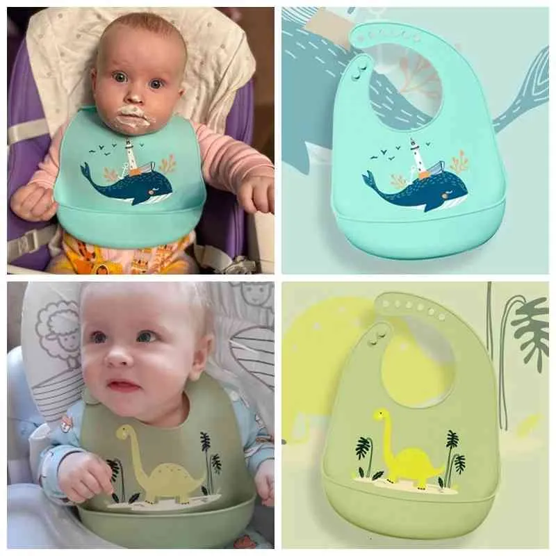 5A+2021 Cute Baby Bibs Waterproof Silicone Bib Infant Toddler Feeding Saliva Towel Cartoon Adjustable Children Apron with Pocket