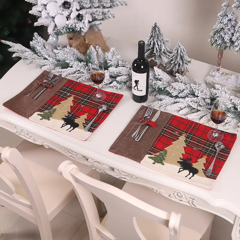 Рождественский стол Маты Heatproof Ткань Кухня Обеденный колодки Xmas плед Elk дерево Placemat Новогоднее украшение JK2010XB