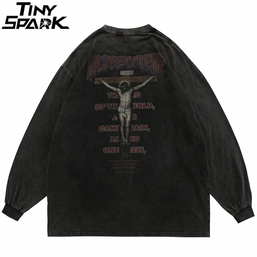 Hip Hop Oversize T Shirt Streetwear Jesus Brief Drucken Gewaschen T- Harajuku Baumwolle Langarm T-shirt 2021 Männer Herbst 220214