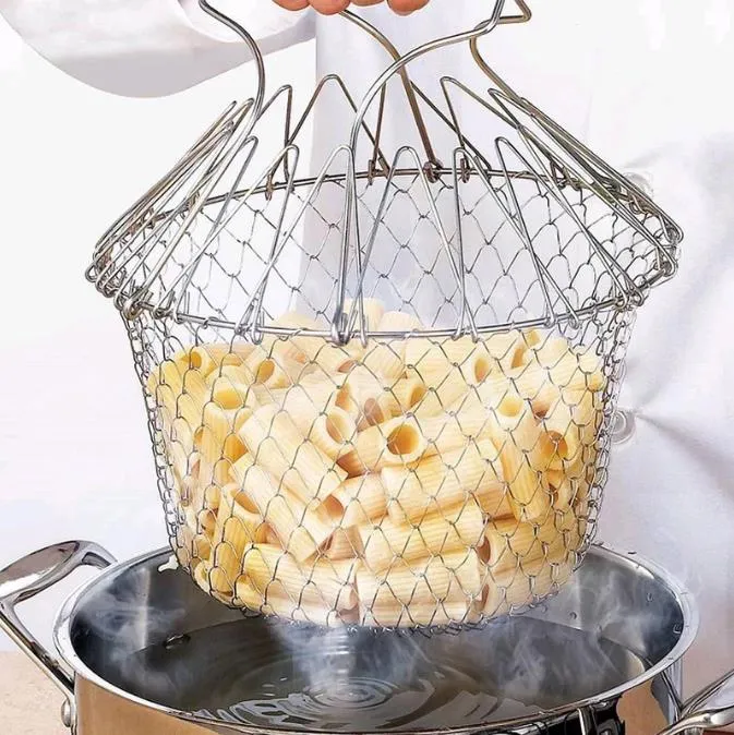 Multifunctionele opvouwbare stoomspoelingsstraal Fry Franse chef-kok mand drainer magische mand mesh baskets zeef netto keuken gadgets