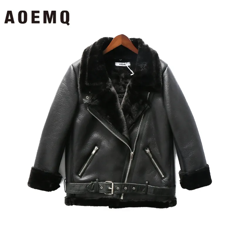 AOEMQ Retro New Fapel و Velvet Pated Fur One Coat Warm Fashion Pu Lamb Lamb Hair Motorcycle Clothing Stuck LJ200825
